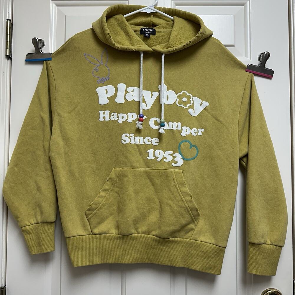 Playboy Pacsun Hoodie Women XS Hippie Happy Camper Graphic Yellow Distressed